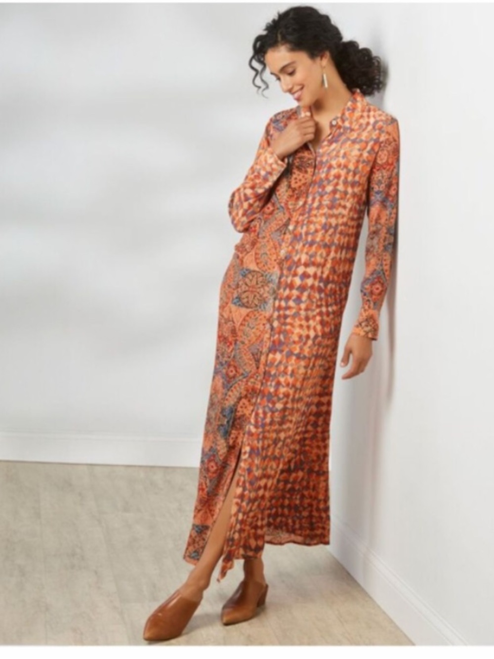 Soft Surroundings Atacama Peach Blue Print Boho Maxi Shirt Dress Duster Sz M